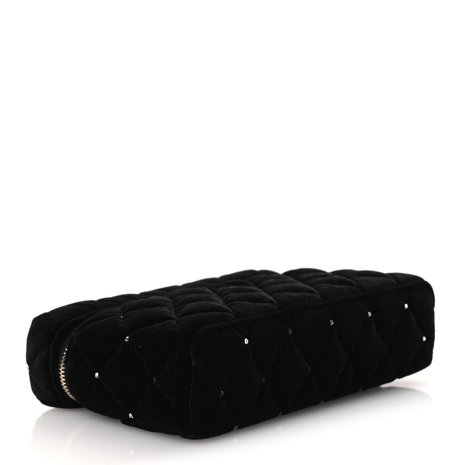 Velvet Diamanté Quilted Top Handle Slim Vanity Case With Chain Black