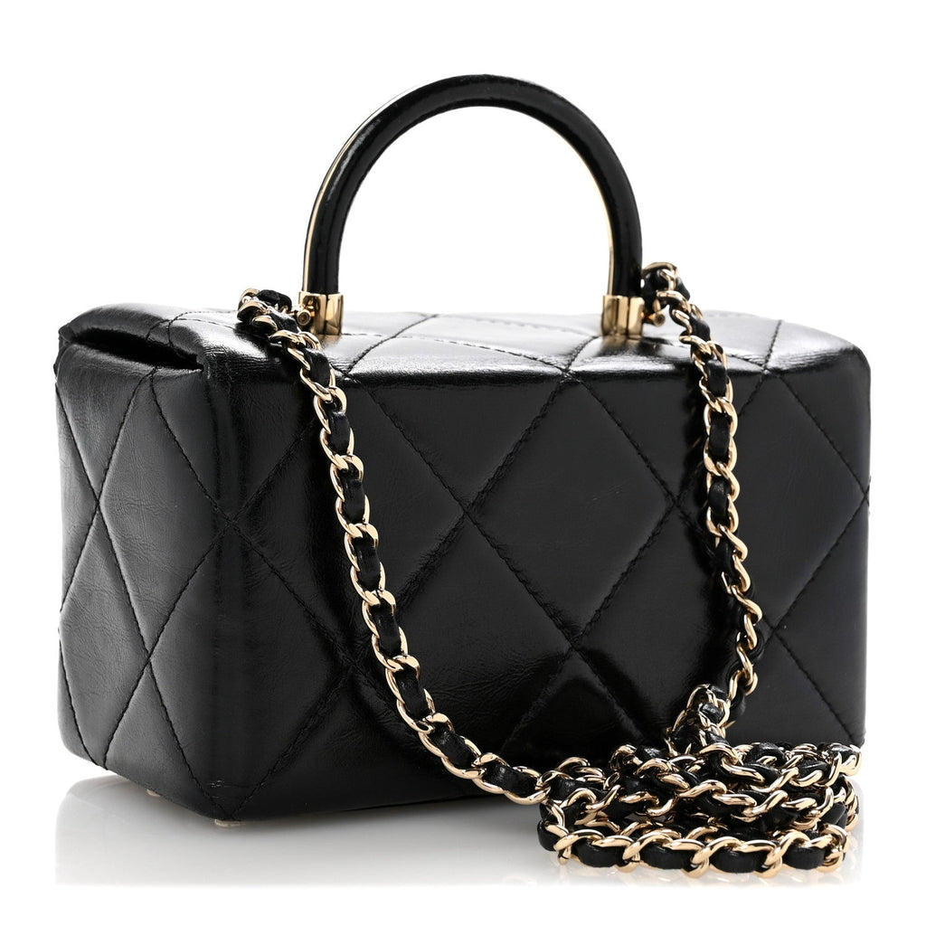 Shiny Calfskin Quilted Top Handle Box Bag Black