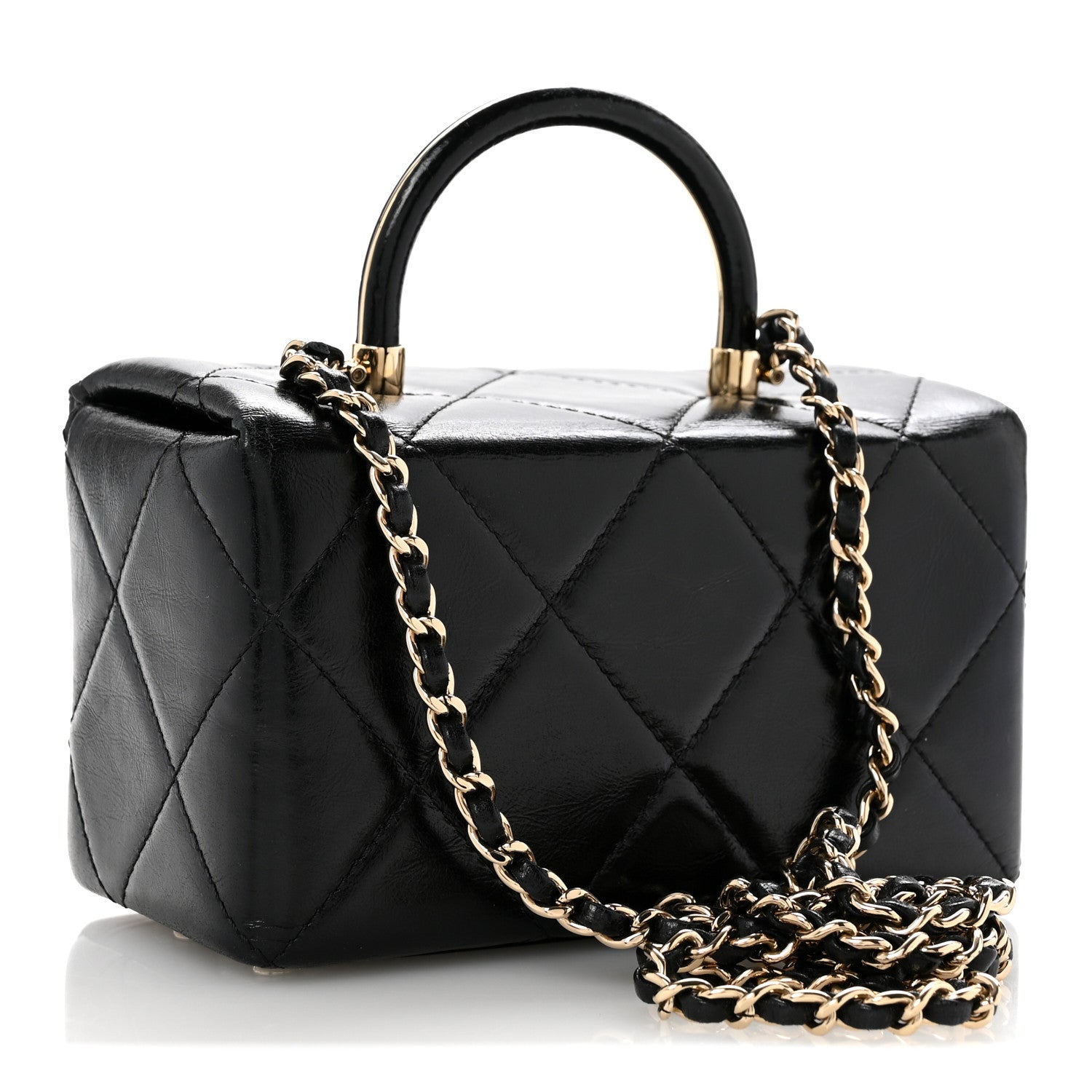 Shiny Calfskin Quilted Top Handle Box Bag Black