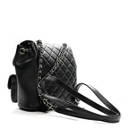 Shiny Caviar Quilted Medium Duma Pockets Drawstring Backpack Black