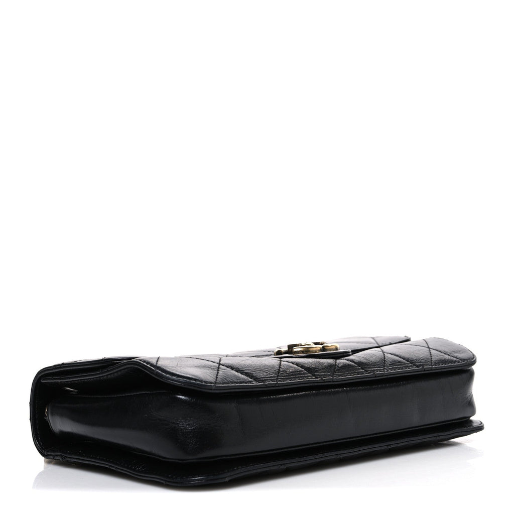 Glazed Calfskin Quilted Medium Perfect Edge Flap Black