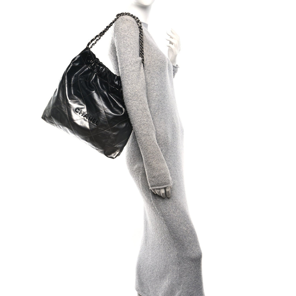 Metallic Shaded Calfskin Quilted Chanel 22 Black Silver