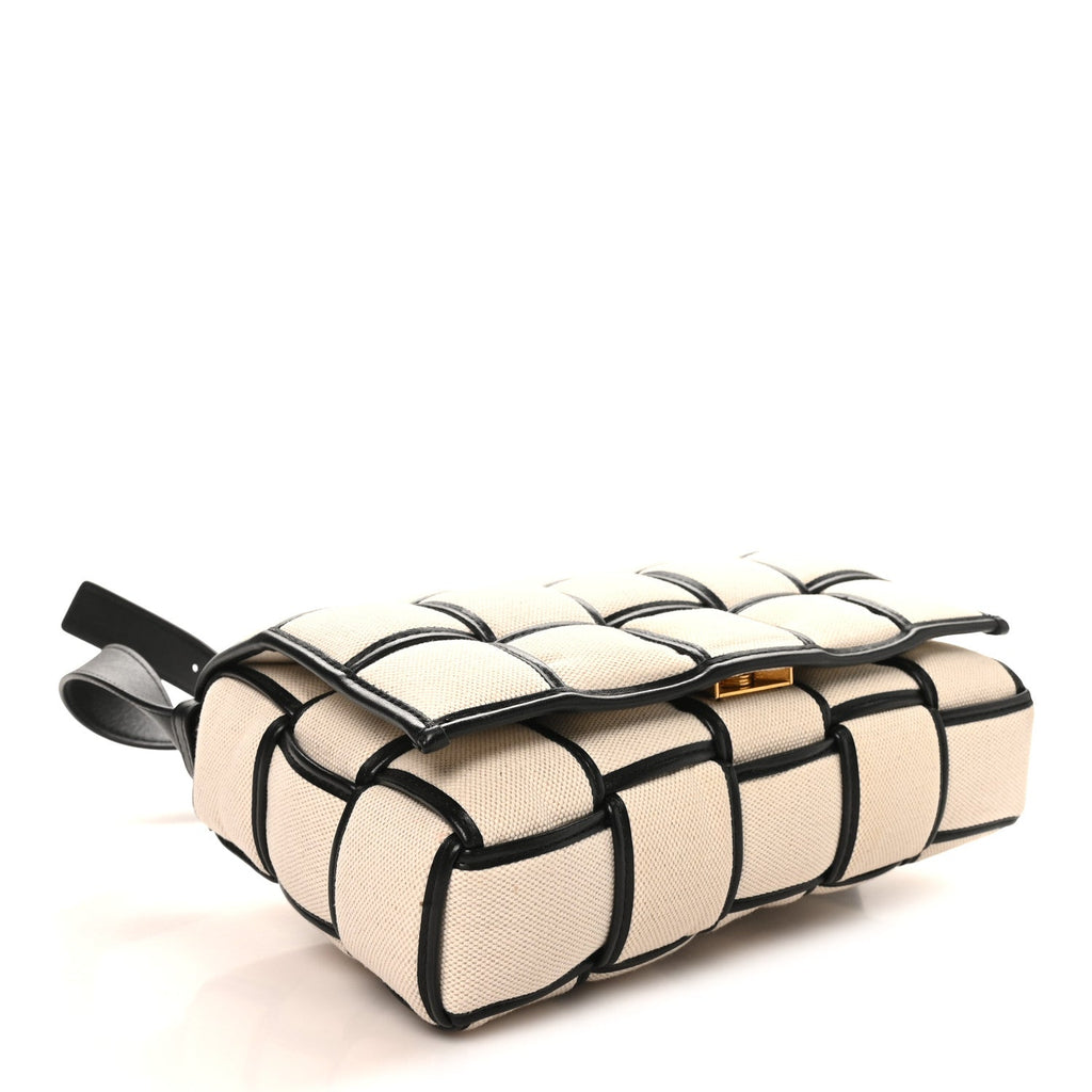 Canvas Intrecciato Padded Cassette Crossbody Bag Natural Black