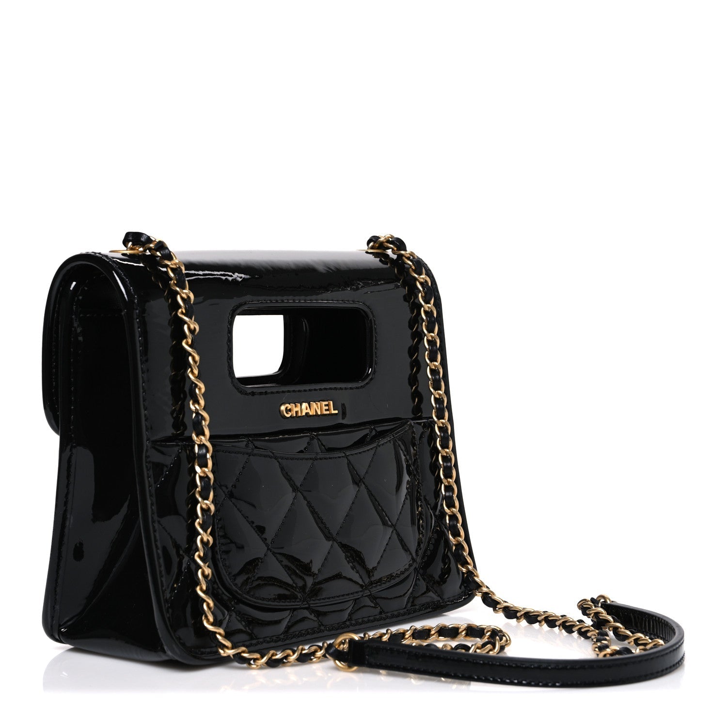 Patent Quilted Mini Graphic Catch Flap Black