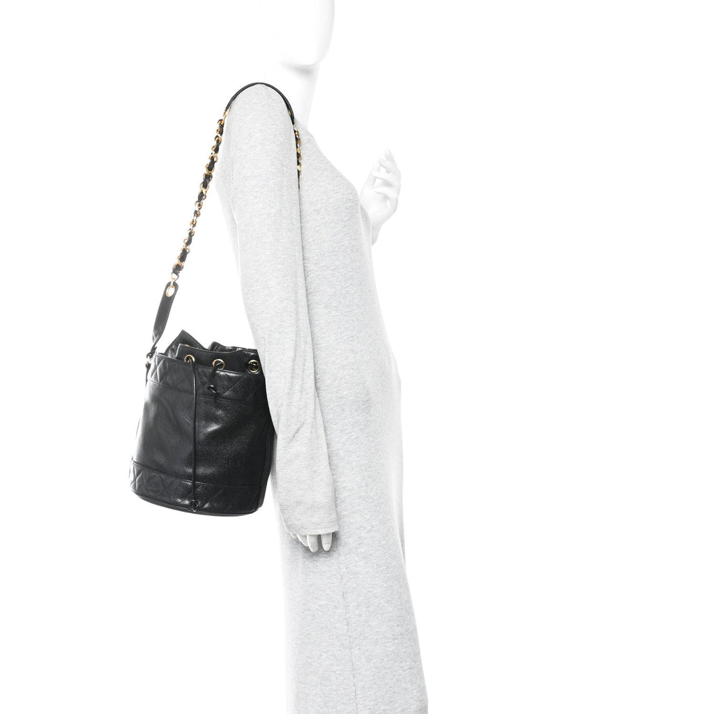 Caviar Drawstring Bucket Shoulder Bag Black