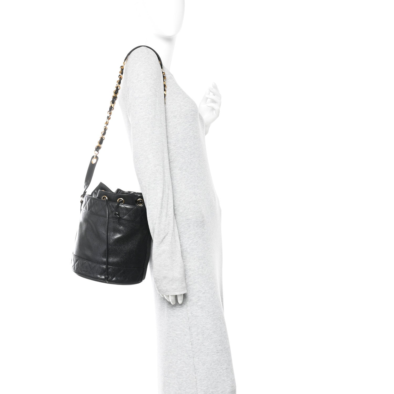 Caviar Drawstring Bucket Shoulder Bag Black