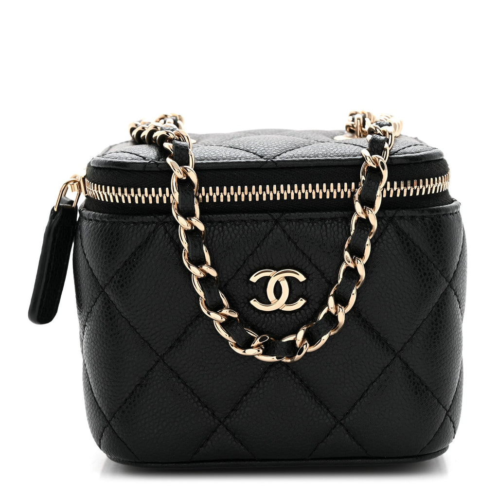 Caviar Quilted Mini Vanity Case With Chain Black