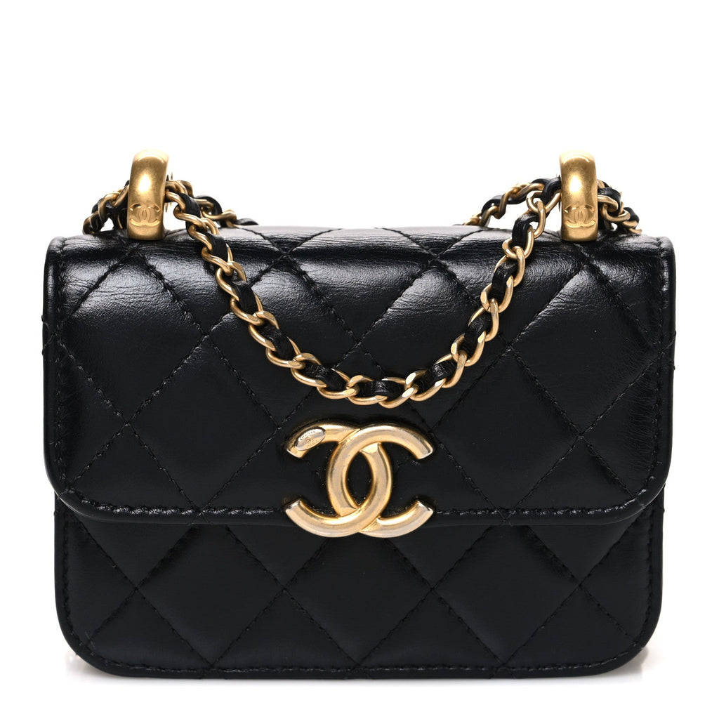 Calfskin Quilted Perfect Fit Coin Purse With Chain Black