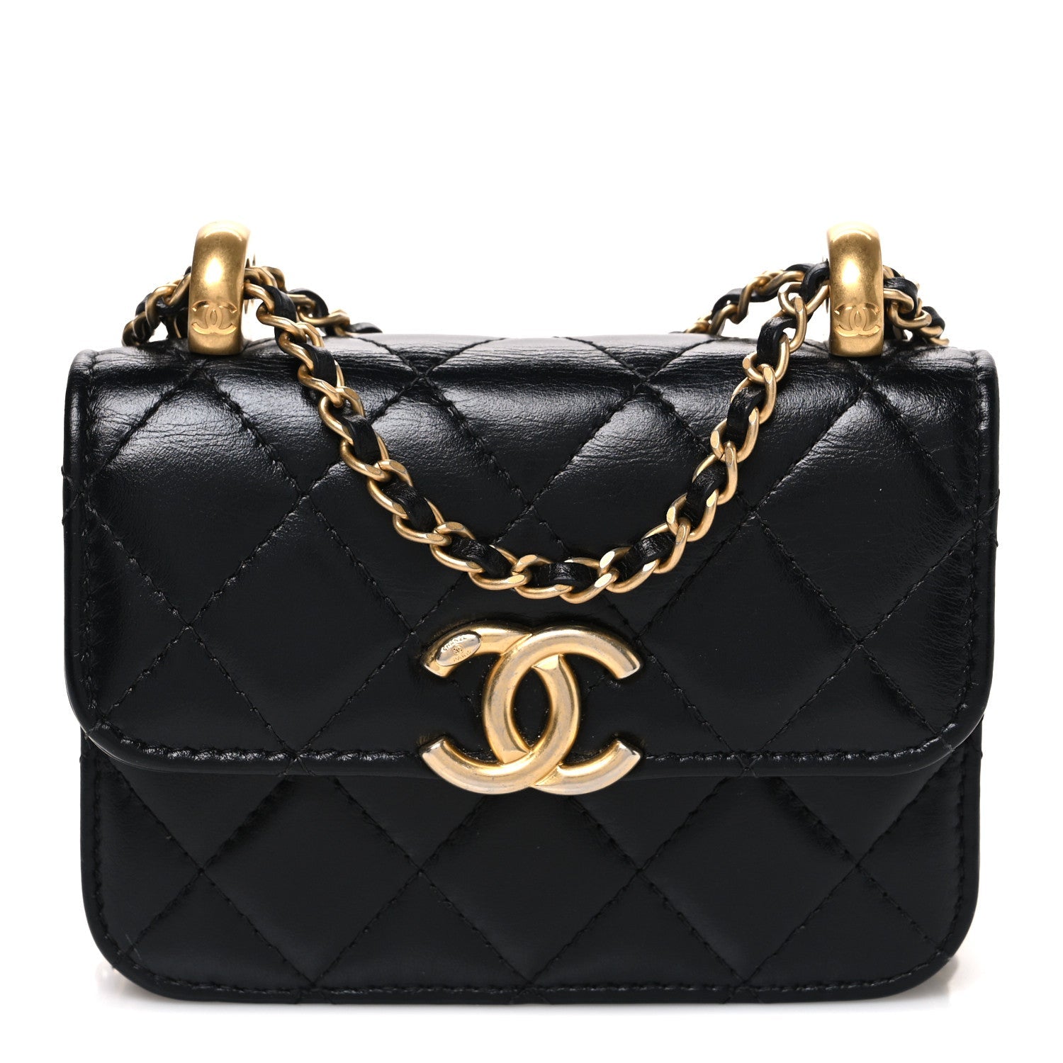 Calfskin Quilted Perfect Fit Coin Purse With Chain Black