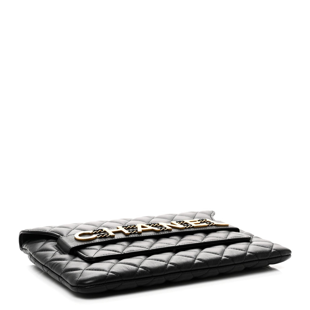 Calfskin Quilted Front Logo Enchained Clutch Black