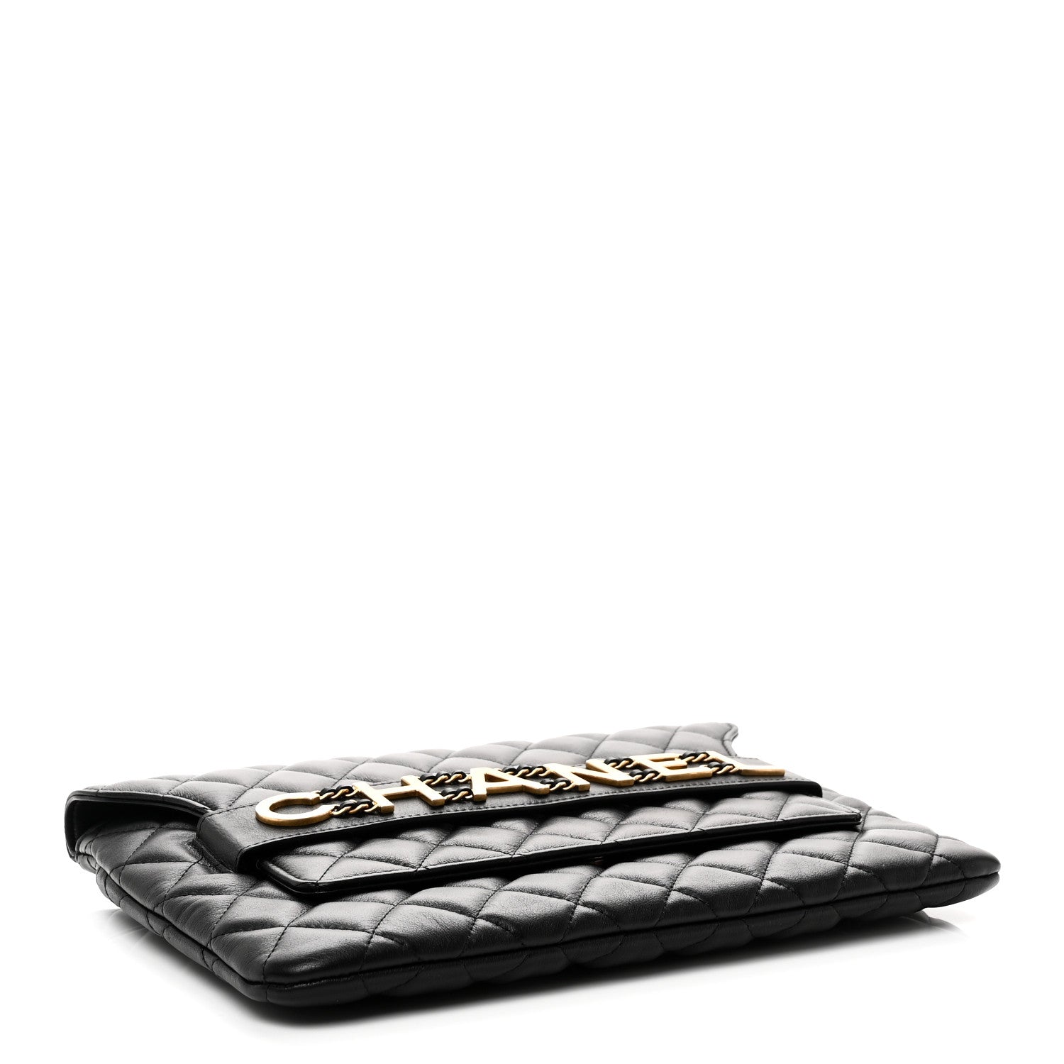Calfskin Quilted Front Logo Enchained Clutch Black