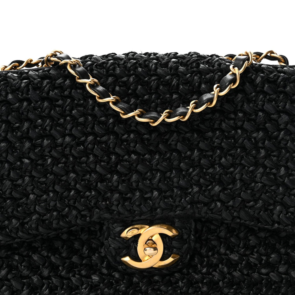 Raffia Crochet Paris Greece Medium Flap Bag Black