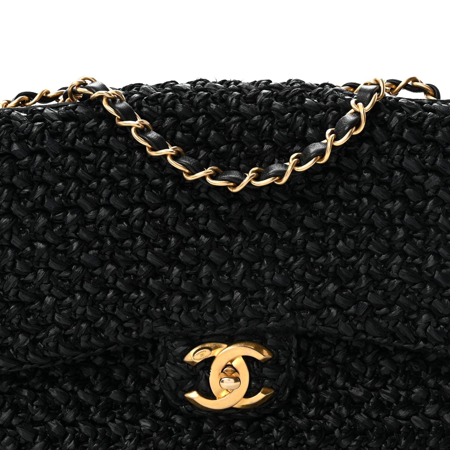 Raffia Crochet Paris Greece Medium Flap Bag Black