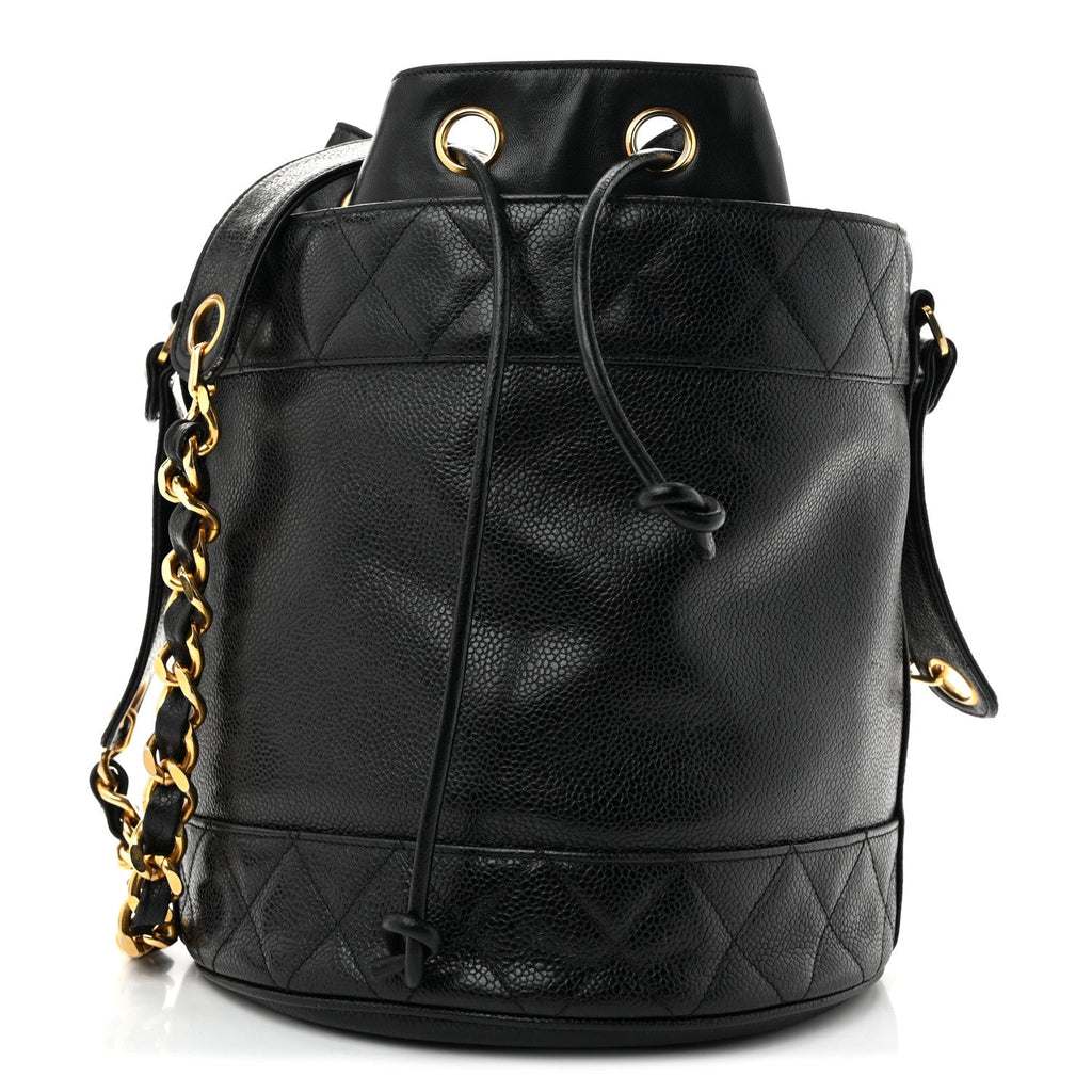 Caviar Drawstring Bucket Shoulder Bag Black