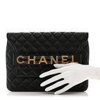 Calfskin Quilted Front Logo Enchained Clutch Black