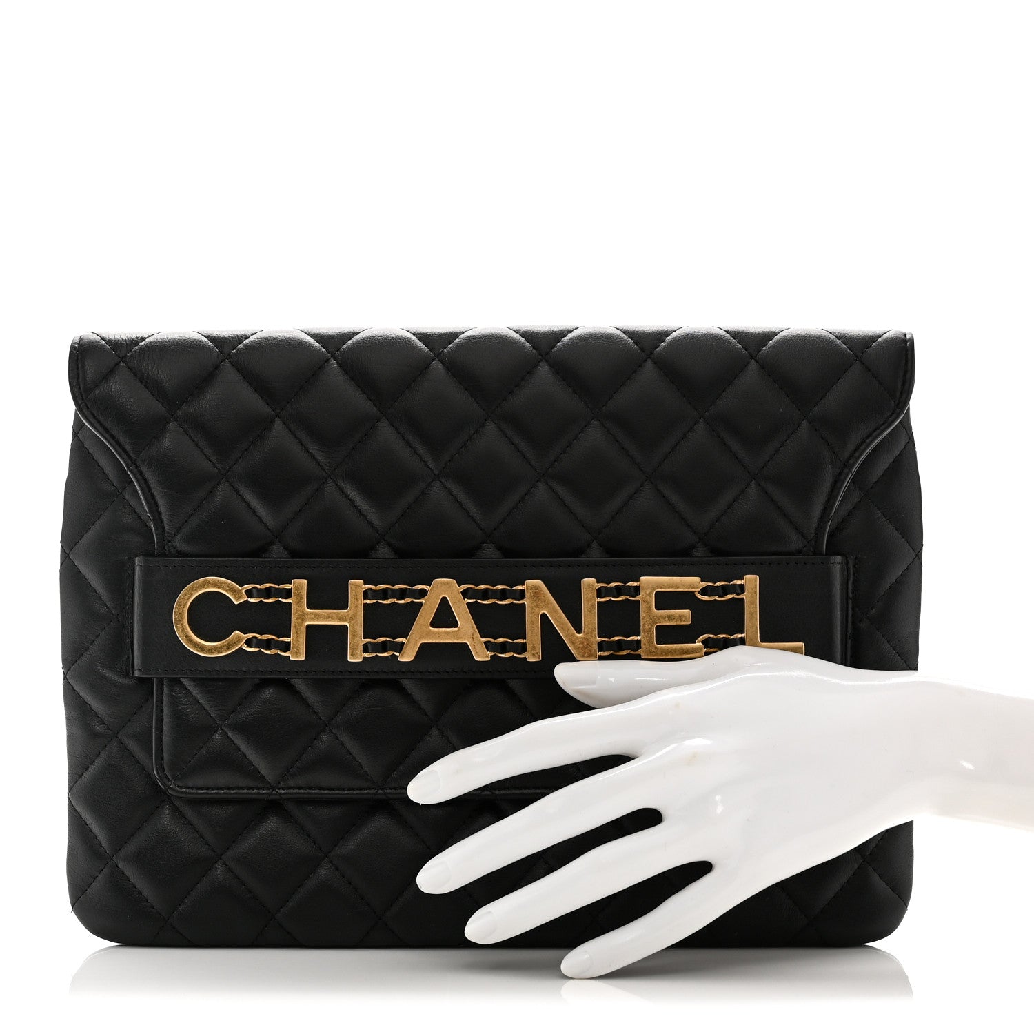 Calfskin Quilted Front Logo Enchained Clutch Black