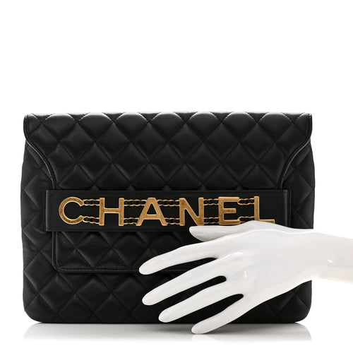 Calfskin Quilted Front Logo Enchained Clutch Black
