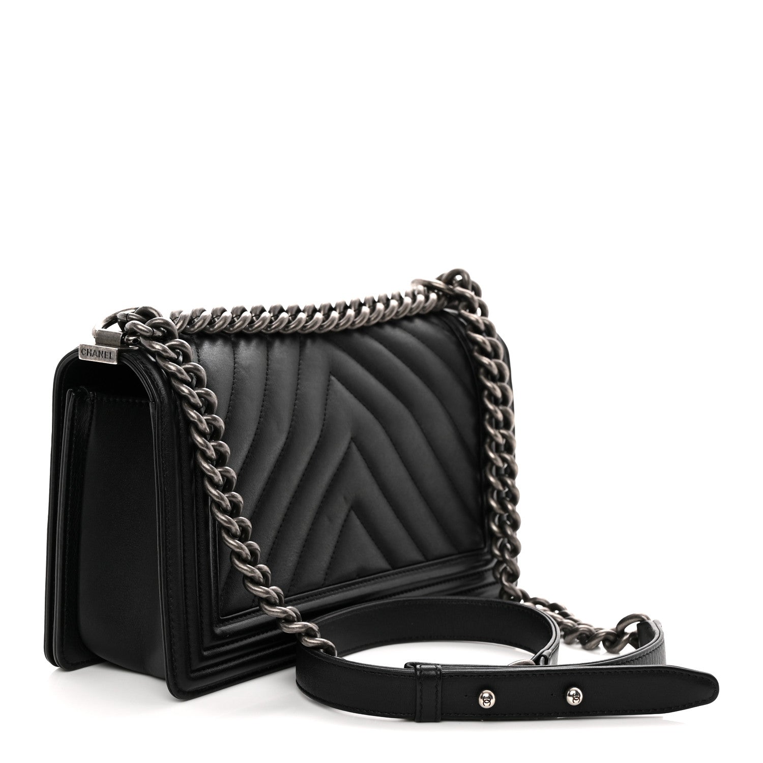 Calfskin Chevron Quilted Medium Boy Flap Black
