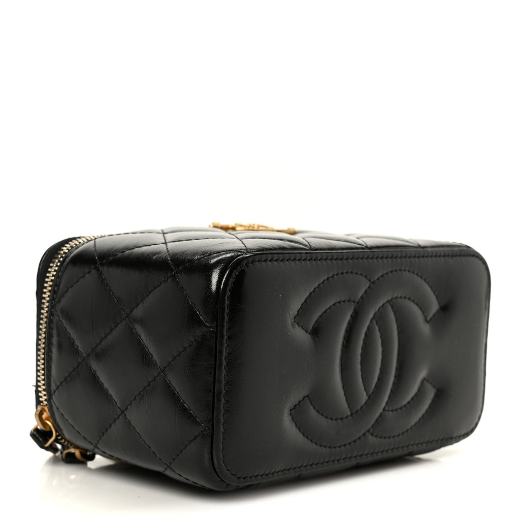 Shiny Lambskin Quilted CC Links Small Vanity Case With Chain Black