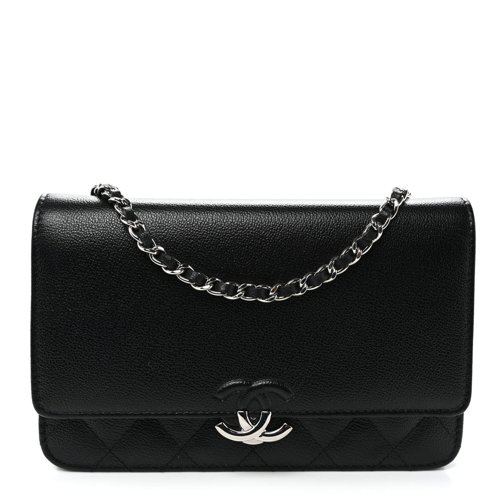 Grained Calfskin Quilted CC Box Wallet On Chain WOC Black