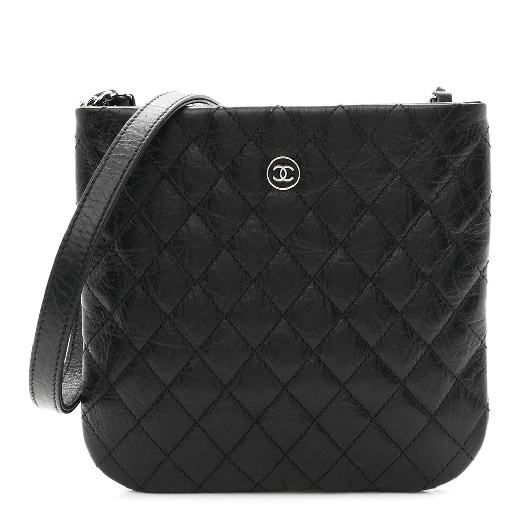 Aged Calfskin Quilted Crossbody Bag Black