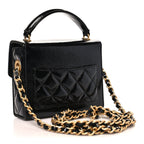 Shiny Lambskin Quilted Top Handle Card Holder On Chain Black