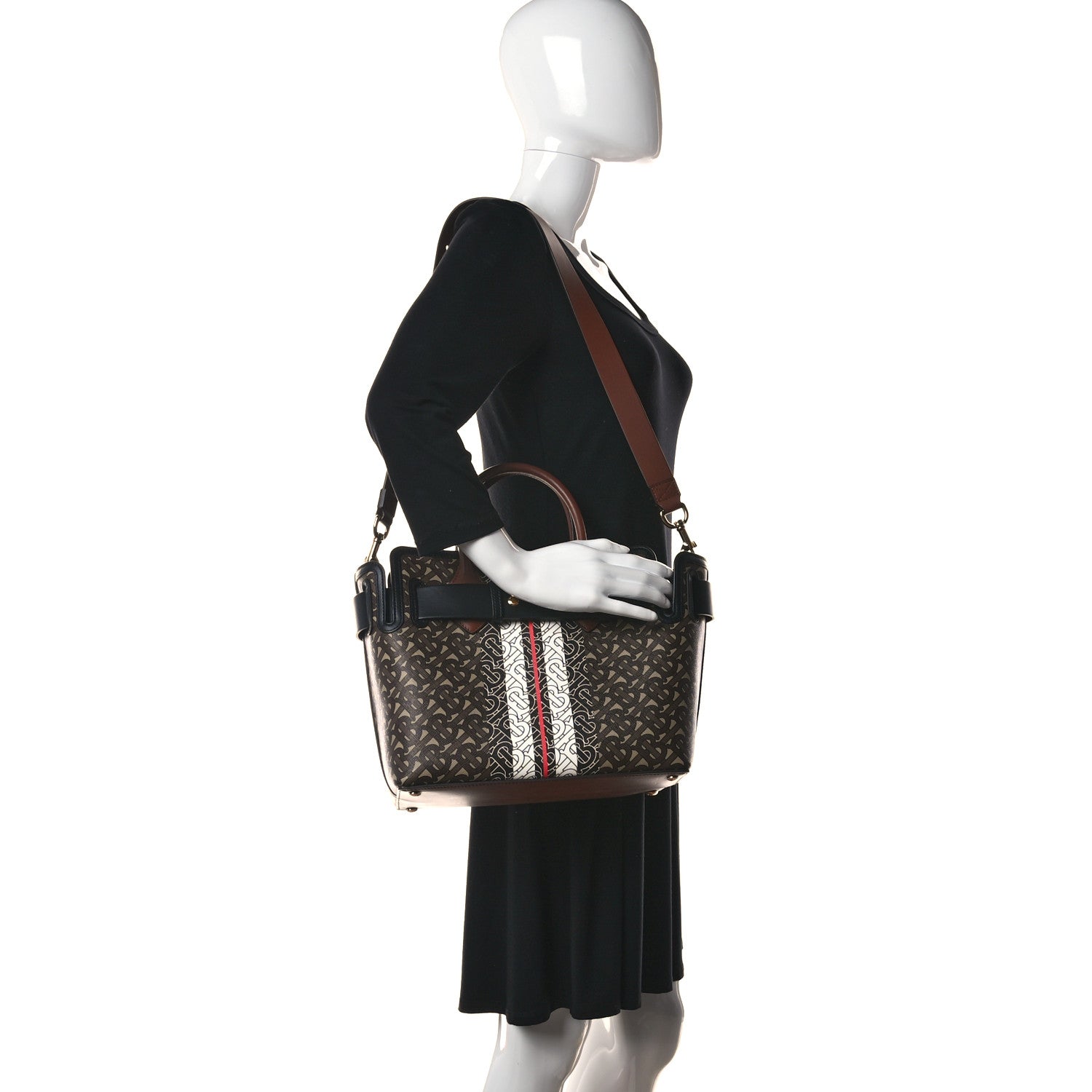 Burberry E Canvas Monogram Stripe Small Tote Bridle Brown Handbag Bag Purse NEW