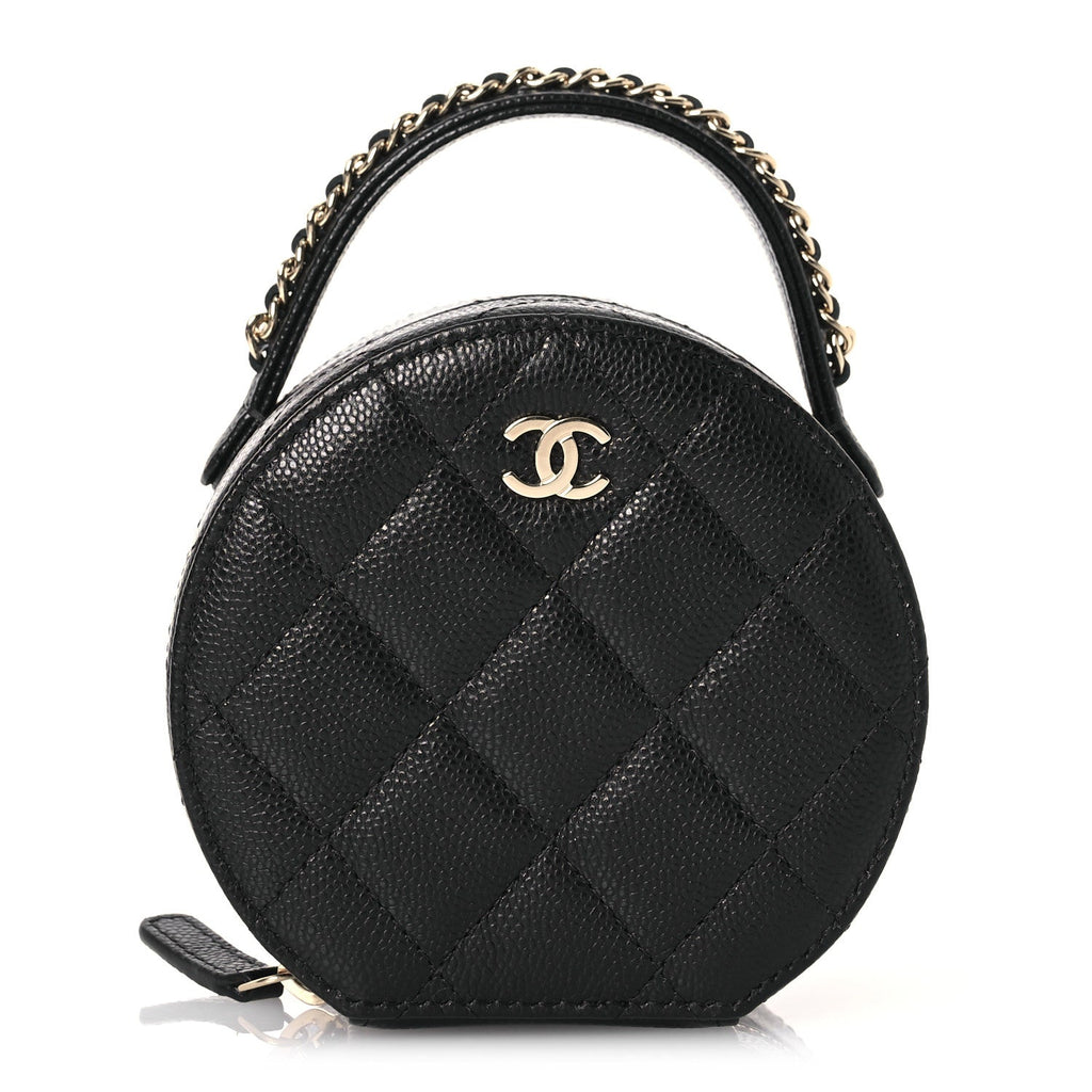 Caviar Quilted Round Top Handle Jewelry Case With Chain Black