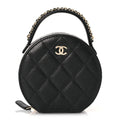 Caviar Quilted Round Top Handle Jewelry Case With Chain Black