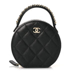 Caviar Quilted Round Top Handle Jewelry Case With Chain Black