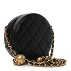Lambskin Quilted Round Pearl Crush Clutch With Chain Black