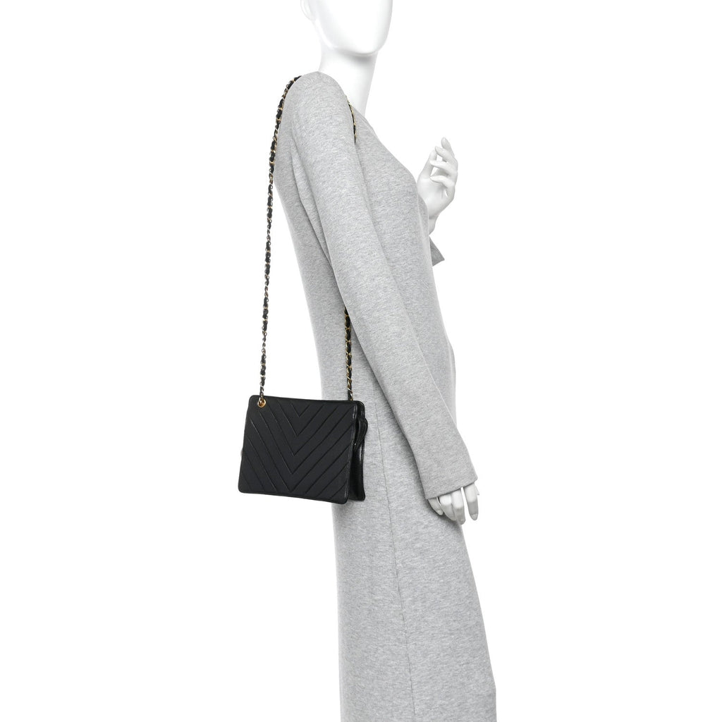 Lambskin Chevron Small Shoulder Bag Black