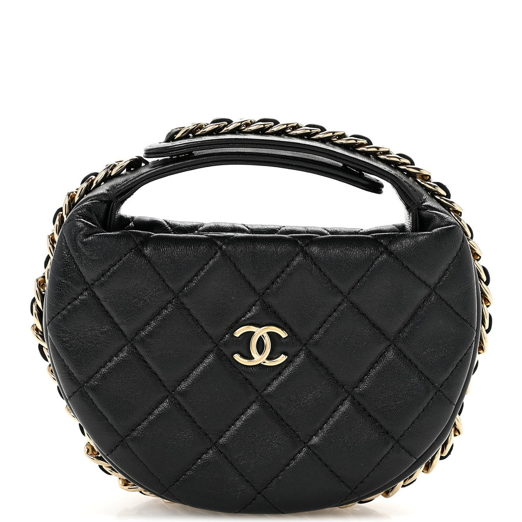 Lambskin Quilted Chain Around Pouch Hobo Black