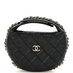 Lambskin Quilted Chain Around Pouch Hobo Black
