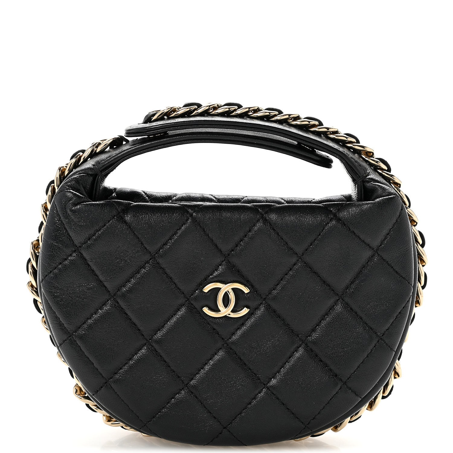 Lambskin Quilted Chain Around Pouch Hobo Black