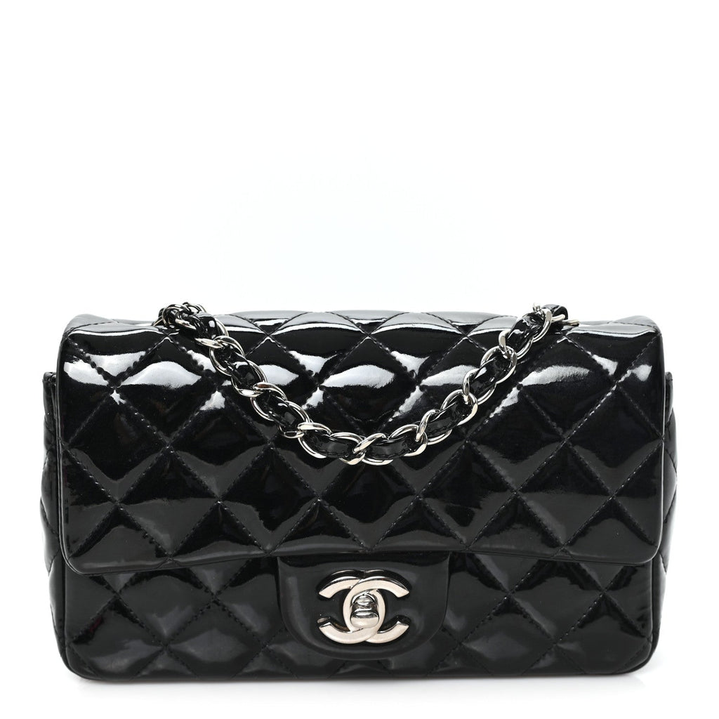 Patent Calfskin Quilted Mini Rectangular Flap Black