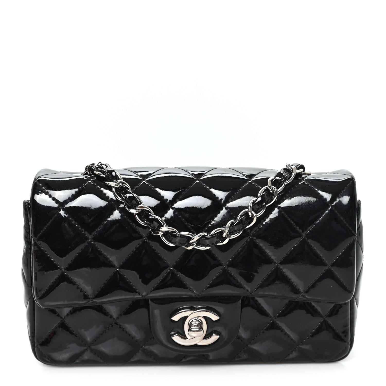 Patent Calfskin Quilted Mini Rectangular Flap Black