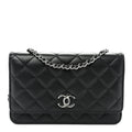 Lambskin Quilted Enamel CC Wallet on Chain WOC Black