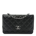 Lambskin Quilted Enamel CC Wallet on Chain WOC Black