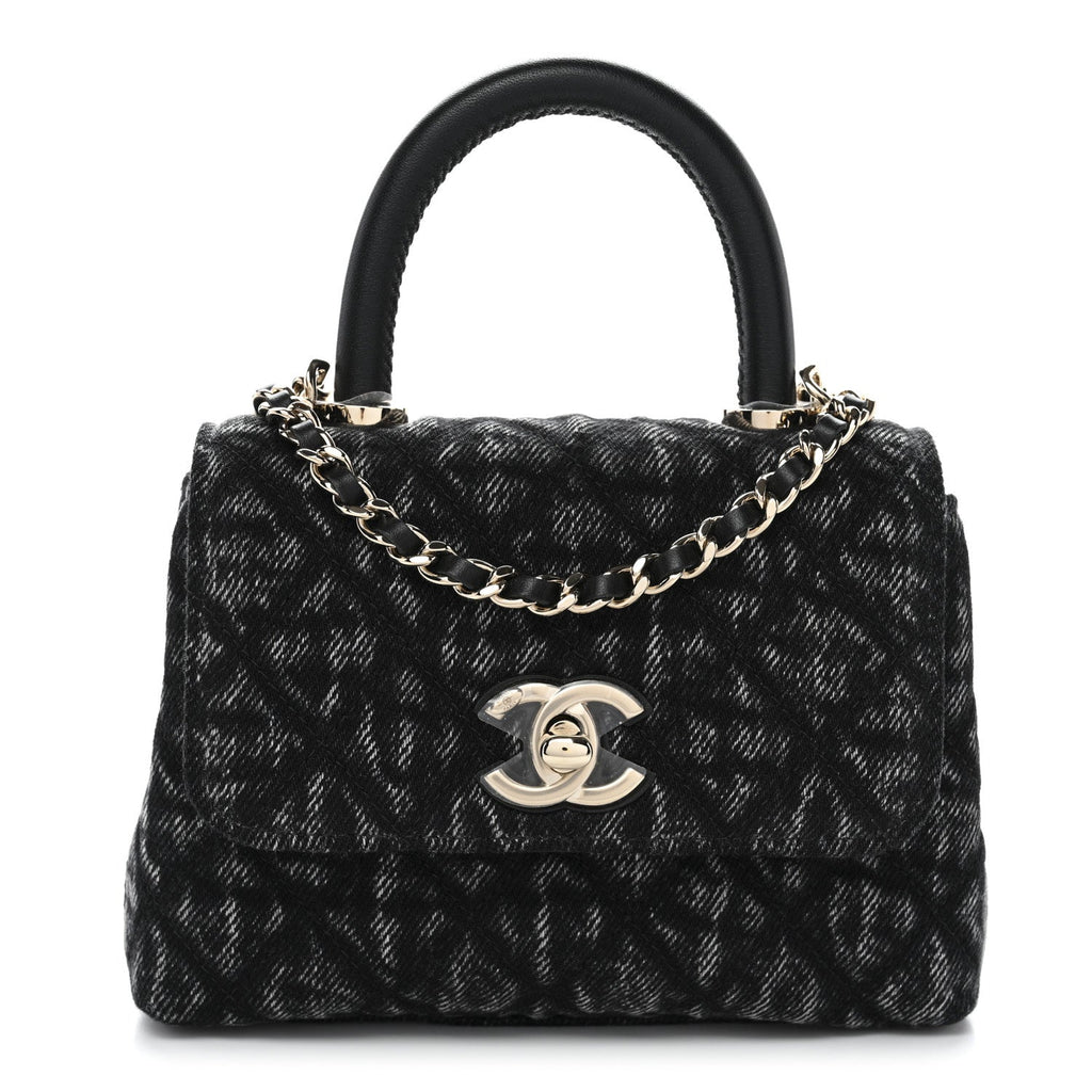Washed Denim Quilted Coco Handle Clutch With Chain Black