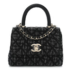 Washed Denim Quilted Coco Handle Clutch With Chain Black