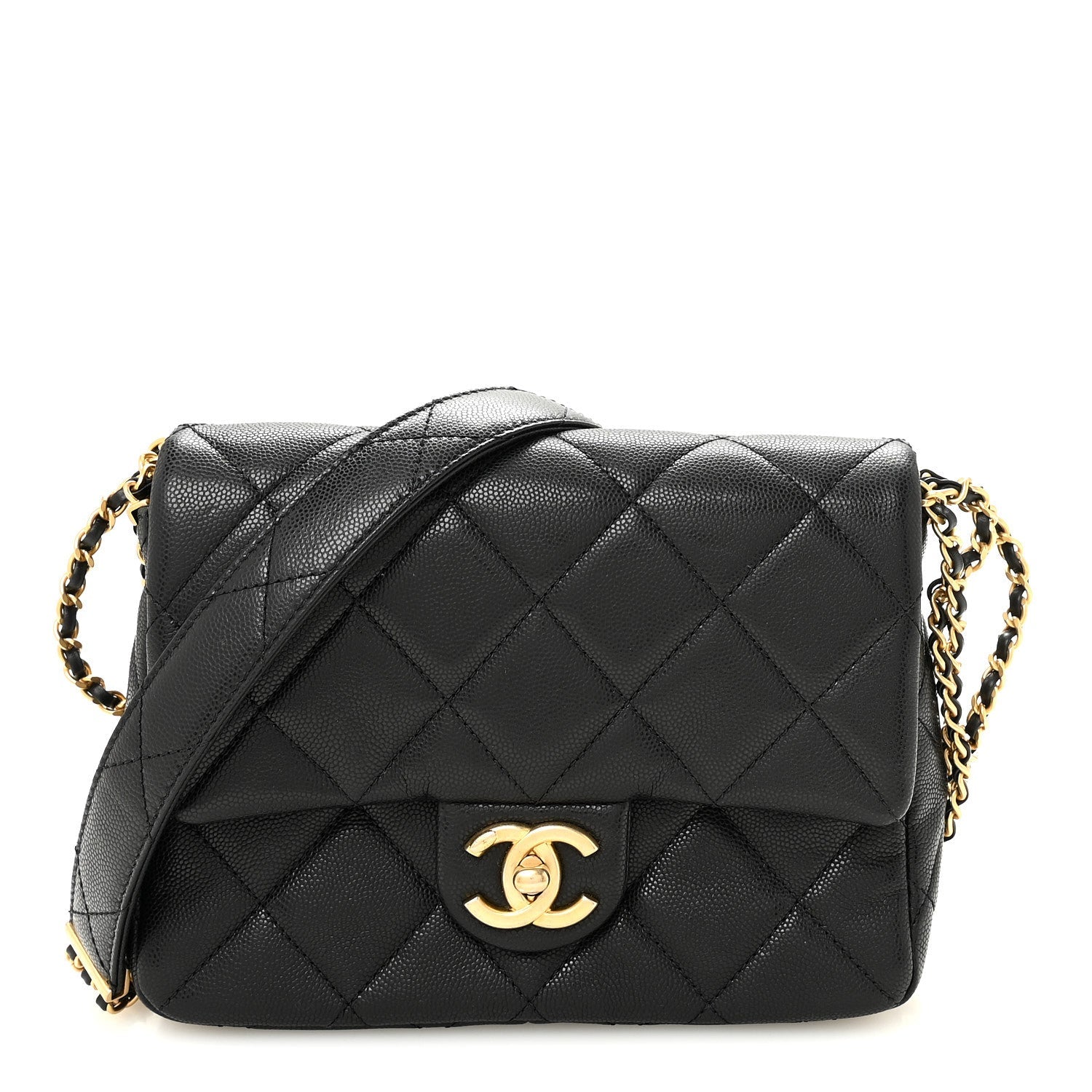Shiny Caviar Quilted Mini Chain Messenger Flap Bag Black