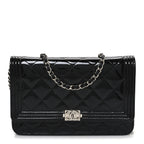 Patent Calfskin Quilted Boy Wallet On Chain WOC Black