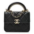 Lambskin Quilted Top Handle Flap Clutch With Chain Black
