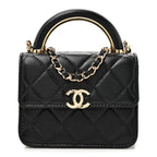 Lambskin Quilted Top Handle Flap Clutch With Chain Black