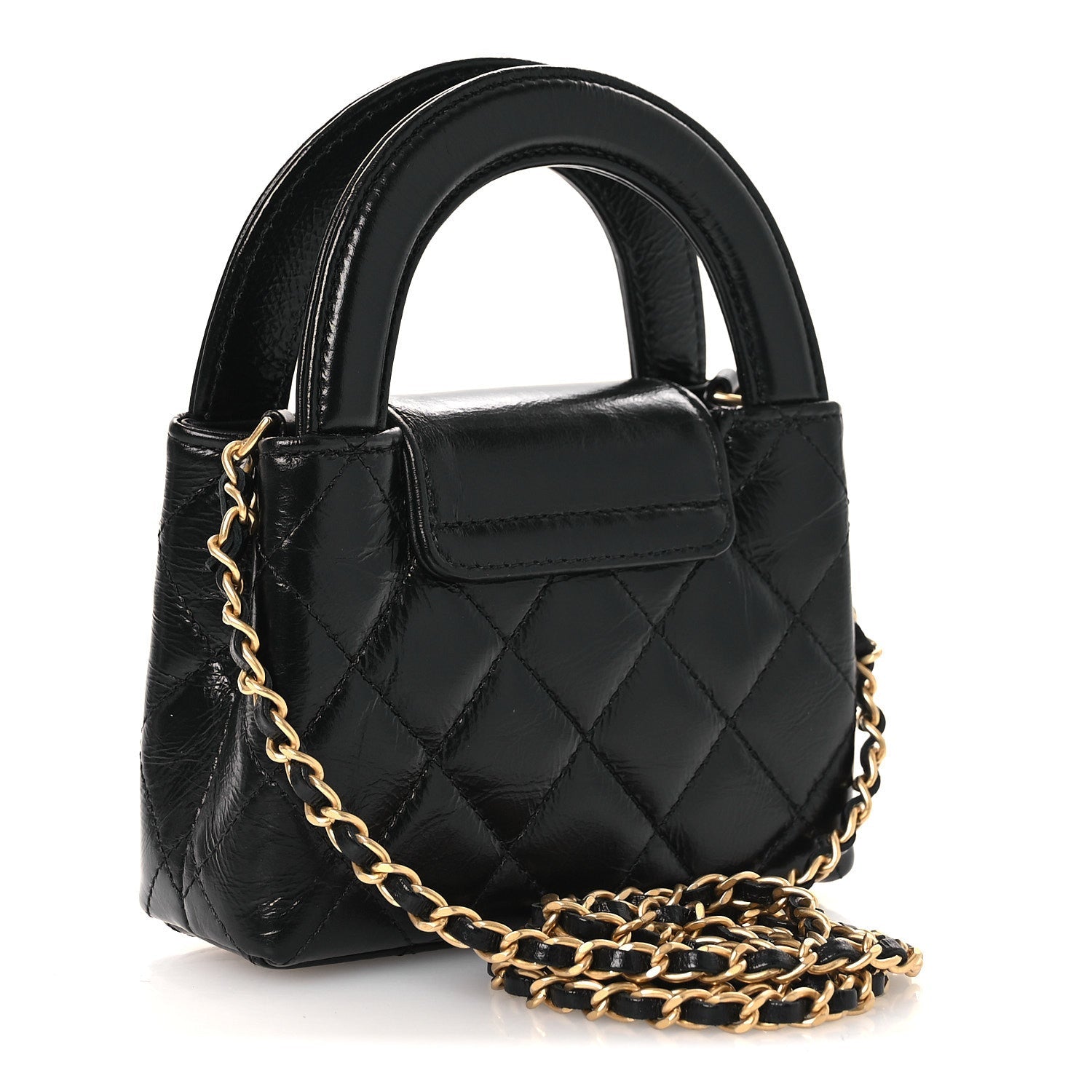 Shiny Aged Calfskin Quilted Mini Nano Kelly Shopper Black