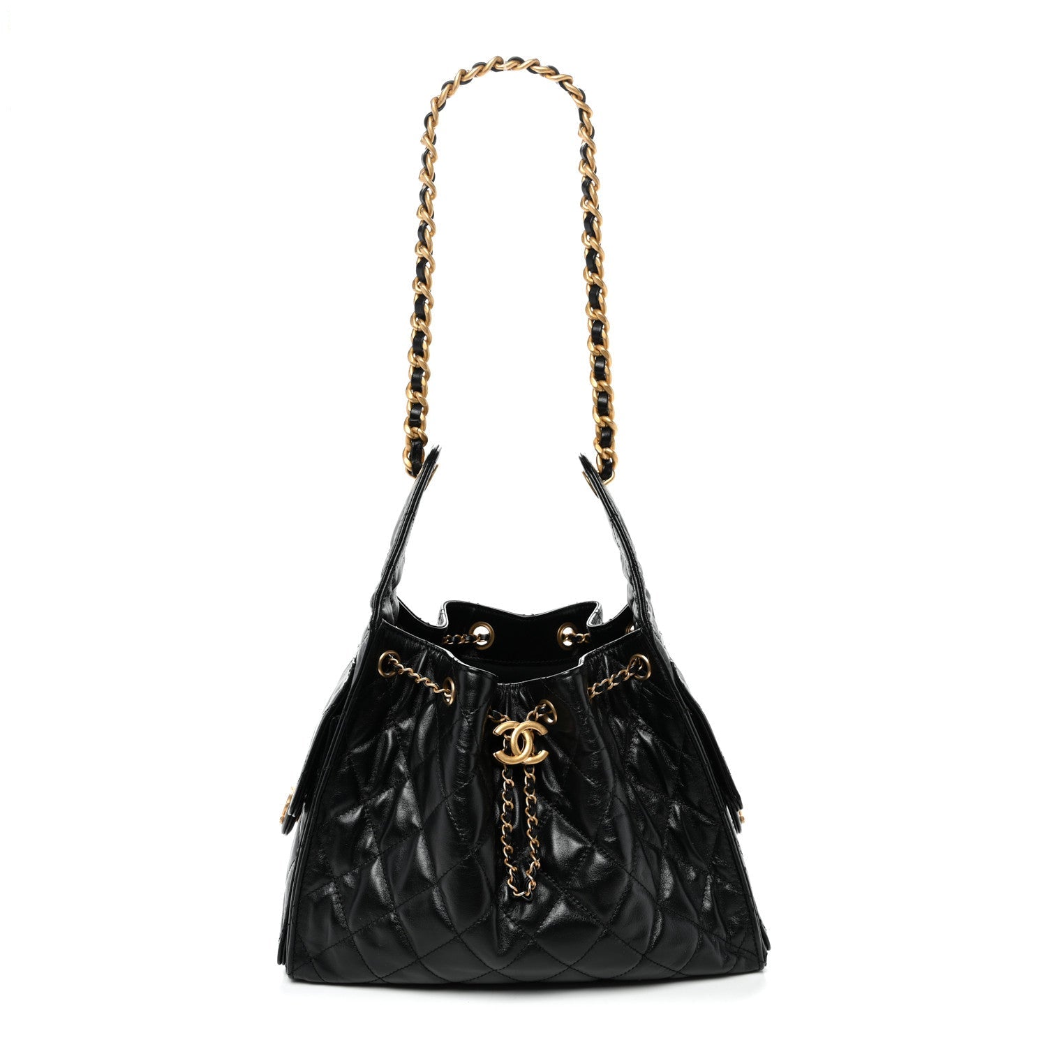 Shiny Crumpled Calfskin Quilted Small Chanel 25 Handbag Black