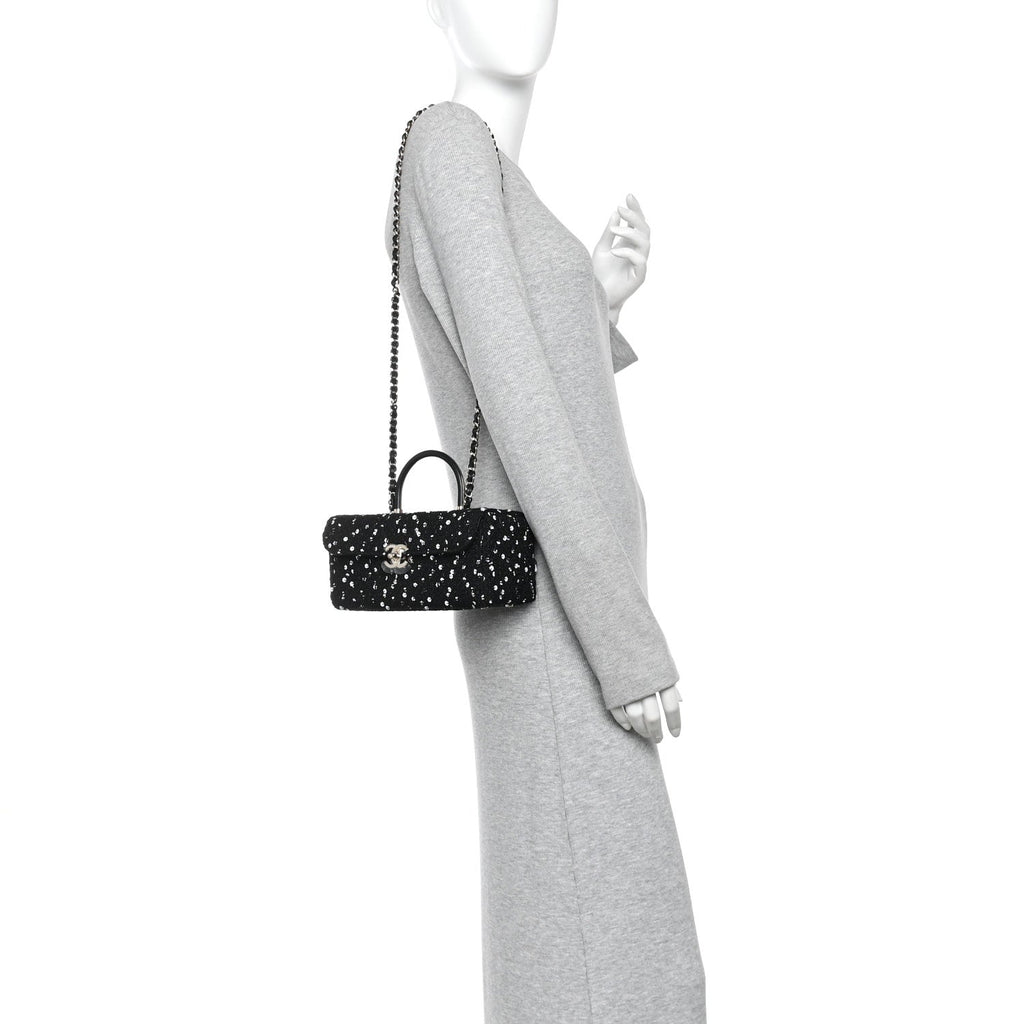 Tweed Sequin Quilted Top Handle Box Bag Black