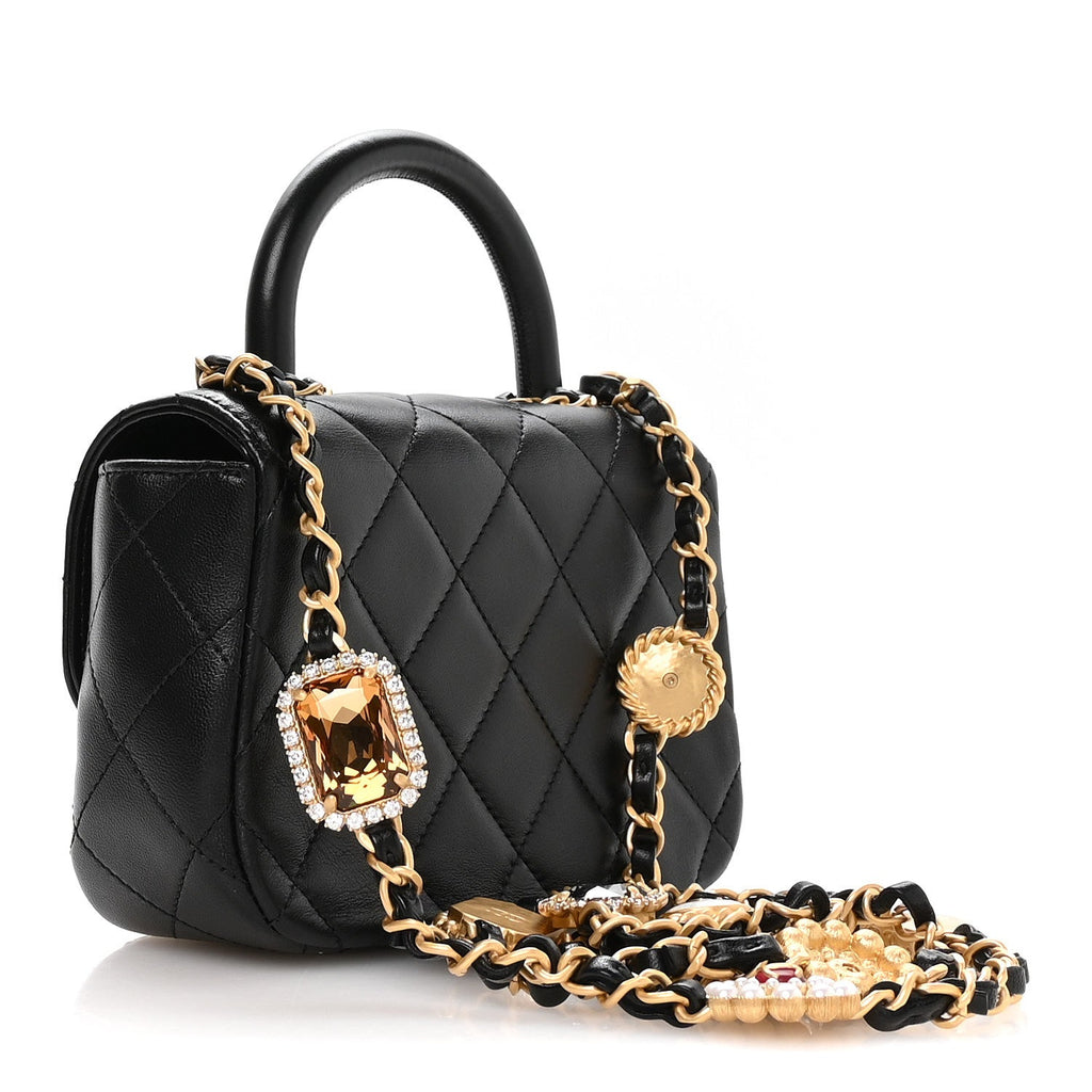 Lambskin Quilted Bijoux Chain Mini Top Handle Flap Black