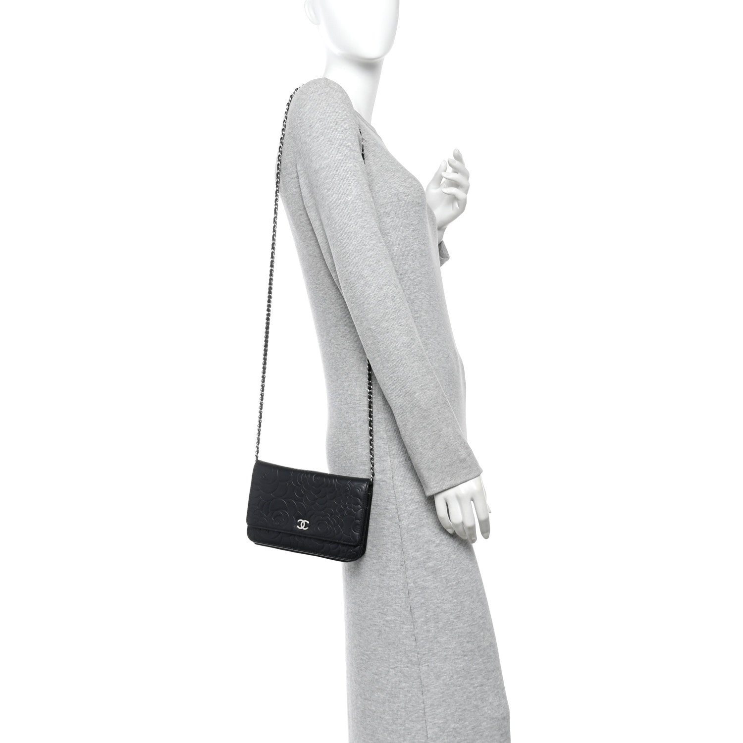 Lambskin Camellia Embossed Wallet On Chain WOC Black